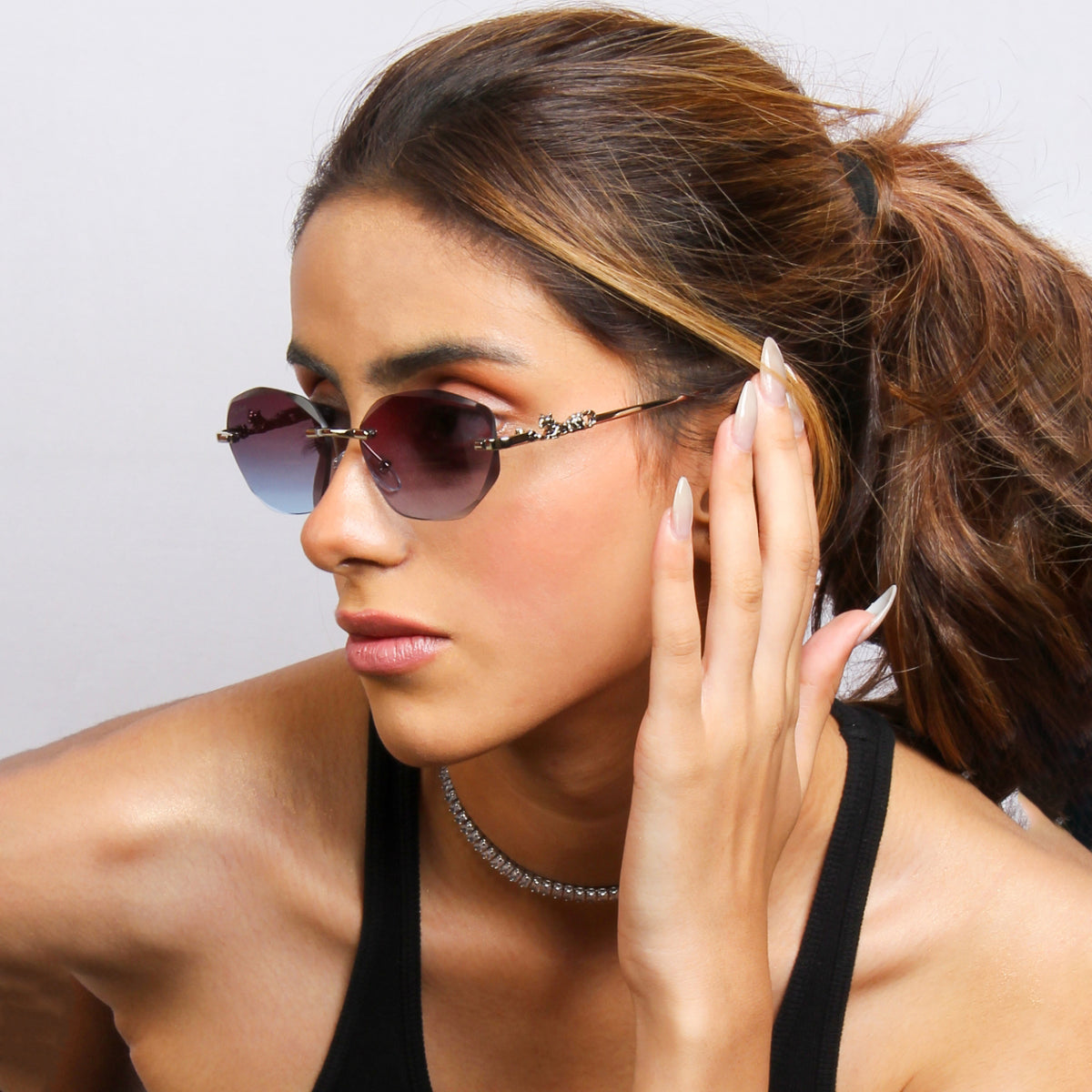 AURA | DIAMOND CUT OVAL RIMLESS METAL SUNGLASSES (IN 3 COLOURS)