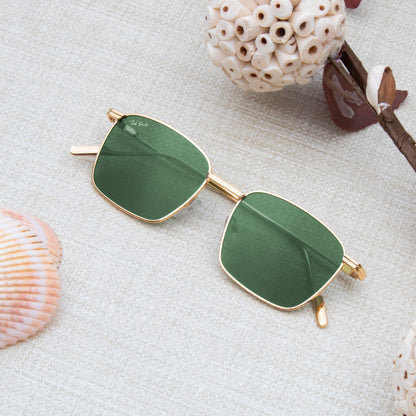 VOLTE GOLD RECTANGLE SUNGLASSES | GREEN LENS |