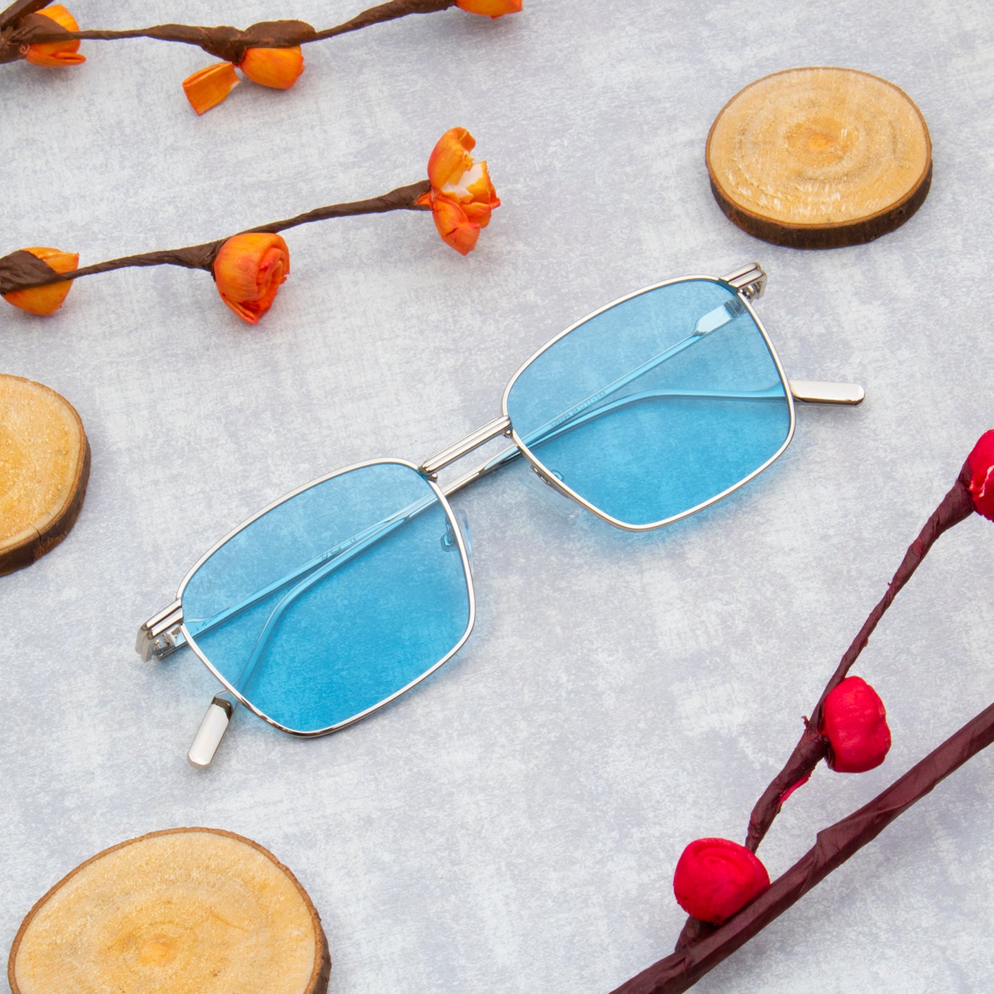 VOLTE SILVER RECTANGLE SUNGLASSES | BLUE LENS |