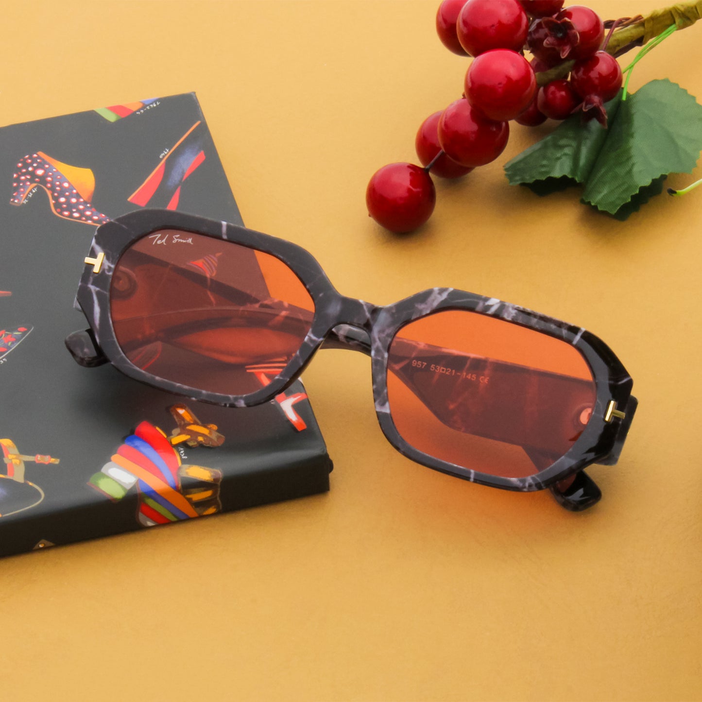 RAPPER PRINTED SQUARE SUNGLASSES BY TED SMITH | EDGY SUNGLASSES RED LENSES